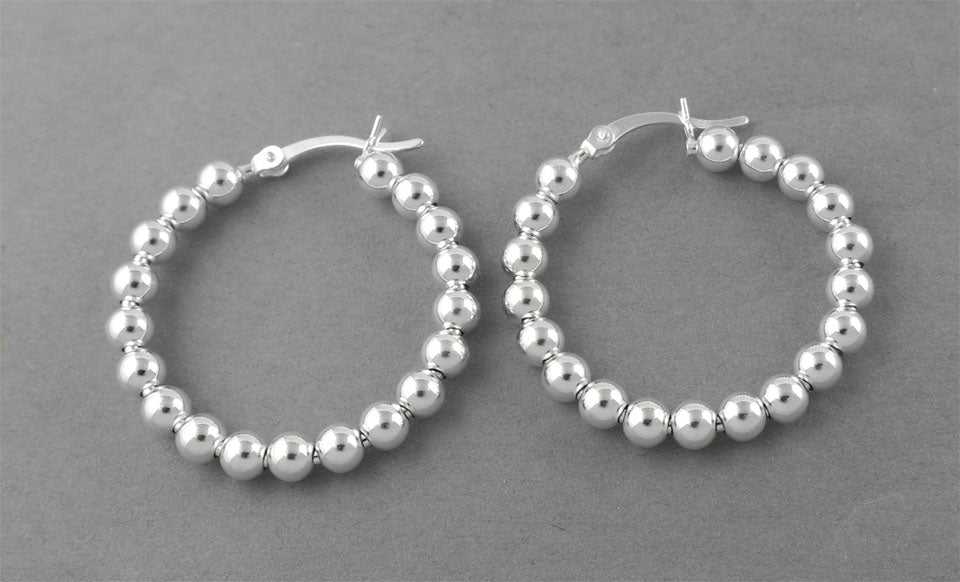 Solid Sterling Silver Beaded French Lock Hoop Earrings