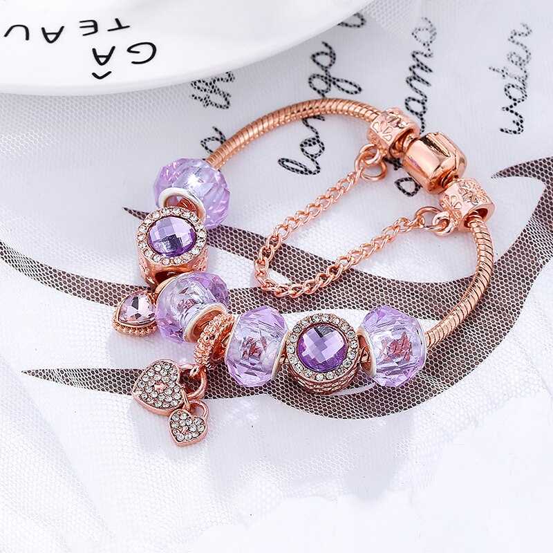 18K Rose Gold Plated Heart Charm Bracelet With Swarovski Elements