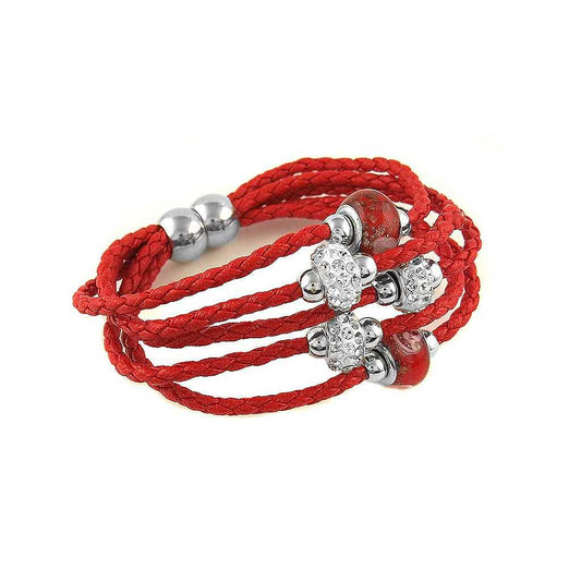 Red Braided Leather Bracelet with Murano Beads and Austrian Crystals