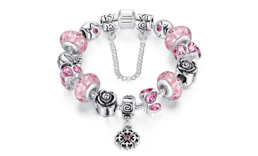 Pink Murano Bracelet With Flower Charm and Austrian Crystals