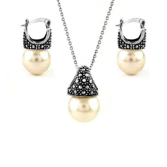 Pink Genuine Marcasite And Pearl Sterling Silver Earring And Necklace Set