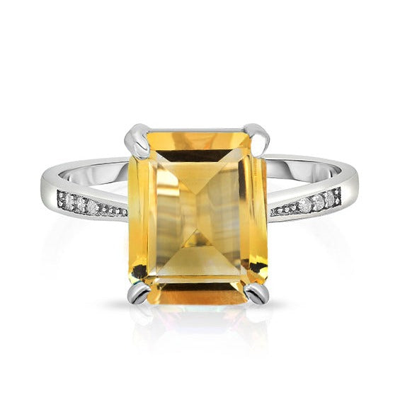 Citrine Genuine Emerald Cut Gemstone Sterling Silver Ring