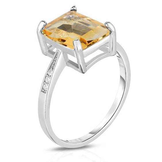 Citrine Genuine Emerald Cut Gemstone Sterling Silver Ring