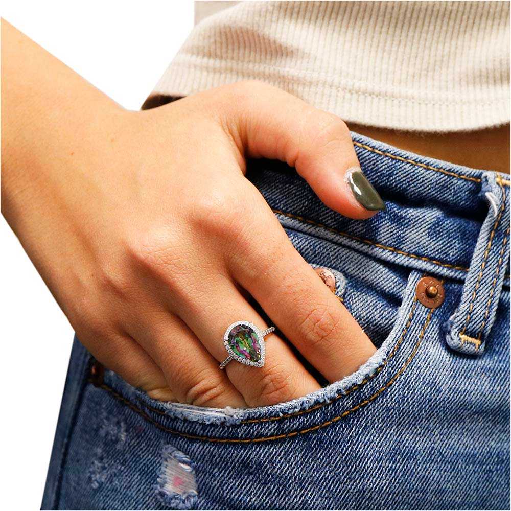 Rainbow Topaz Genuine Gemstone Pear Cut Halo Sterling Silver Rings On Finger