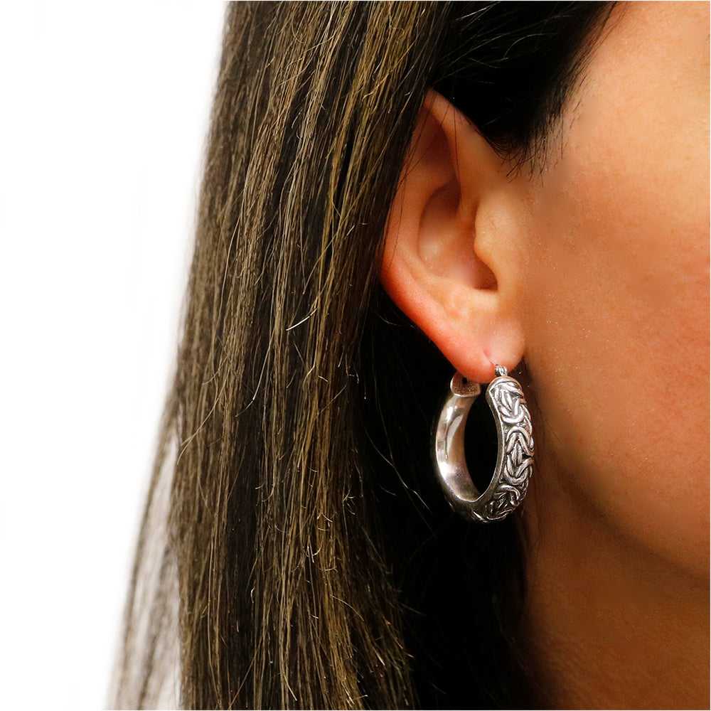 Sterling Silver Artisan Oxidized Byzantine Hoop Earrings On Ear