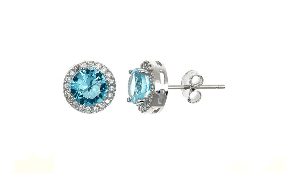 Light Blue Sterling Silver Halo Studs