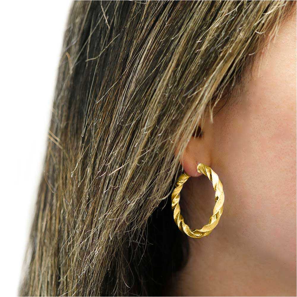 Gold Sterling Silver Diamond Cut Twisted Hoops On Ear