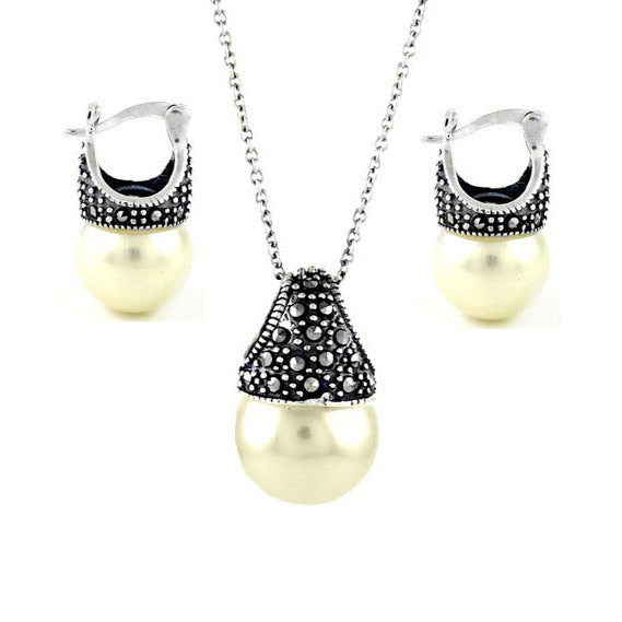White Genuine Marcasite And Pearl Sterling Silver Earring And Necklace Set
