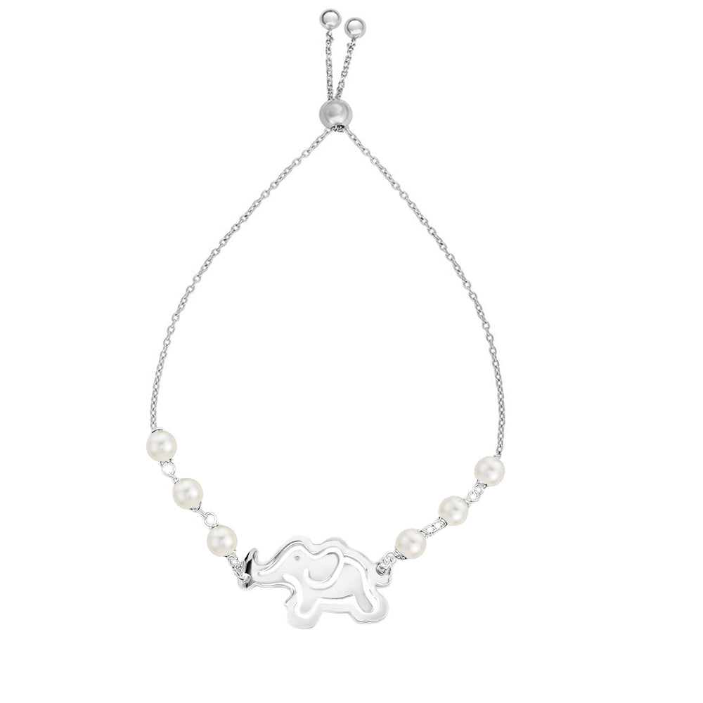 Italian Sterling Silver Adjustable Freshwater Pearl Or Crystal Elephant Charm Bracelet