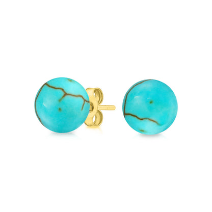 14K Gold Genuine Turquoise Ball Stud Earrings