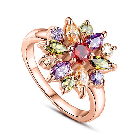 18K Rose Gold Plated Multi Color Rainbow Flower Ring