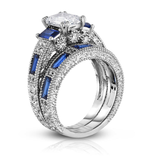 Emerald Cut Sapphire Ring and Band Set – 2 Piece