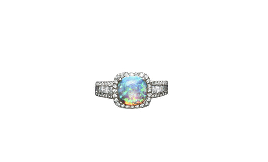 White Fire Opal Cushion Cut Halo Ring