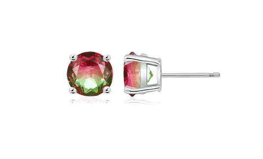 Sterling Silver Watermelon Tourmaline Stud Earrings – Round, Princess, or Heart Cut