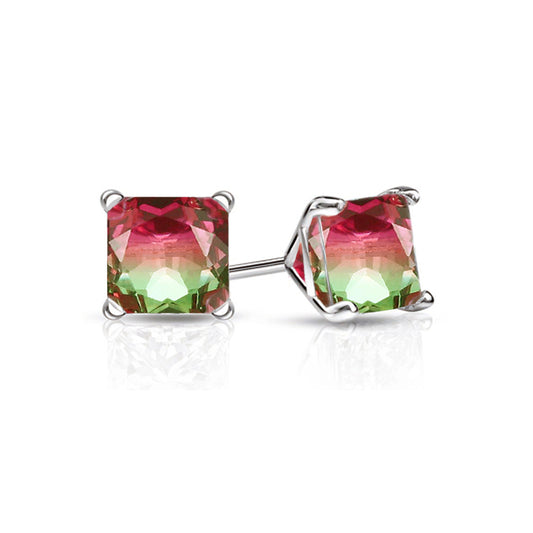 Sterling Silver Watermelon Tourmaline Stud Earrings – Round, Princess, or Heart Cut