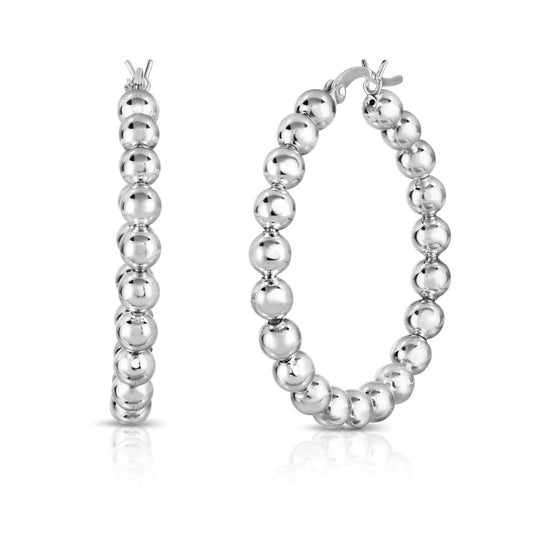 Solid Sterling Silver Beaded French Lock Hoop Earrings