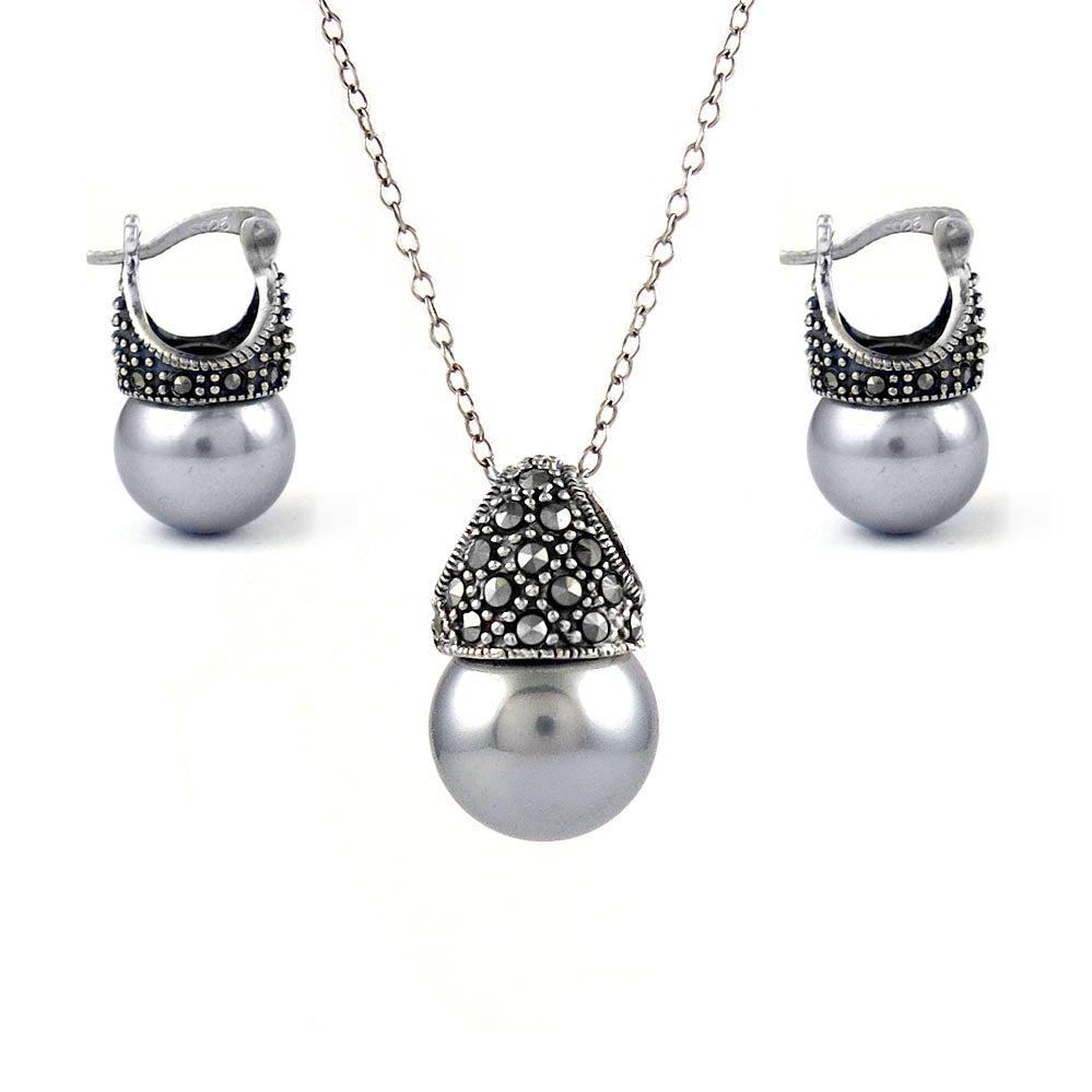 Genuine Marcasite And Pearl Sterling Silver Earring And Necklace Set