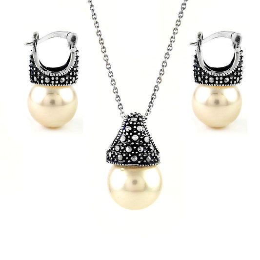Genuine Marcasite And Pearl Sterling Silver Earring And Necklace Set