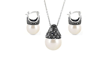 Genuine Marcasite And Pearl Sterling Silver Earring And Necklace Set