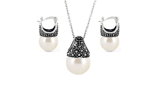 Genuine Marcasite And Pearl Sterling Silver Earring And Necklace Set