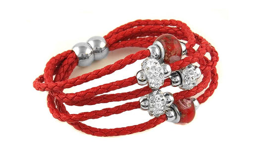 Braided Leather Bracelet with Murano Beads and Austrian Crystals