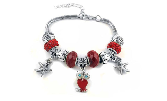 Murano Bead Bracelet With Owl Charm and Austrian Crystals