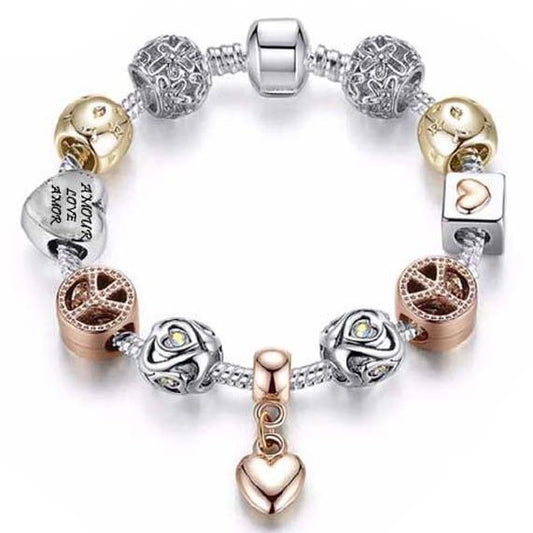 Heart and Peace Charm Crystal Bracelet