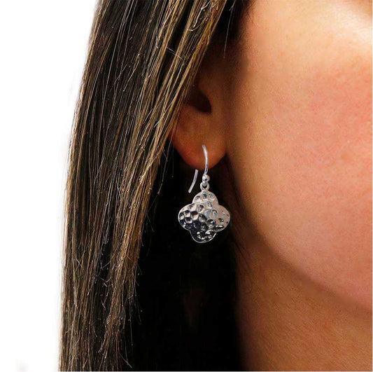 Italian Sterling Silver Handcrafted Hammered Clover Drop Earrings On Ear