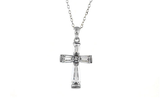 Sterling Silver Emerald Cut Cubic Zirconia Cross Necklace