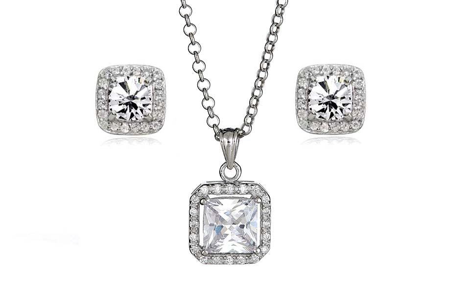 Sterling Silver Halo Princess Cut CZ Earring and Pendant Set