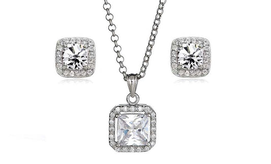 Sterling Silver Halo Princess Cut CZ Earring and Pendant Set