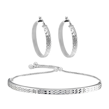 Sterling Silver Diamond Cut Adjustable Bangle Bracelet and Diamond Cut Hoop Earrings Set (Color Options Available)