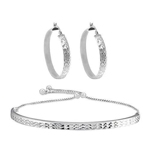 Sterling Silver Diamond Cut Adjustable Bangle Bracelet and Diamond Cut Hoop Earrings Set (Color Options Available)