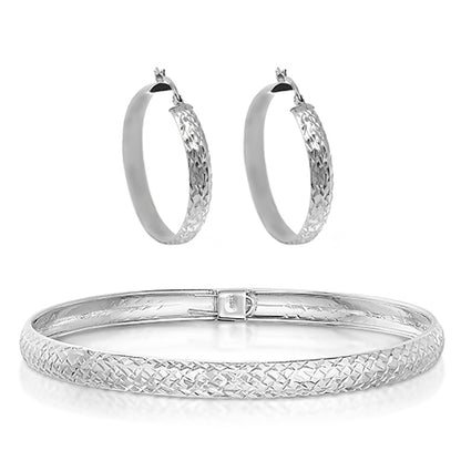 Sterling Silver Diamond Cut Bangle and Hoop Earrings (3 Color Options)