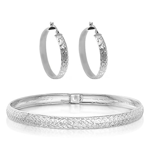 Sterling Silver Diamond Cut Bangle and Hoop Earrings (3 Color Options)