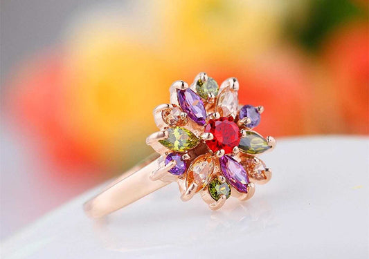 18K Rose Gold Plated Multi Color Rainbow Flower Ring