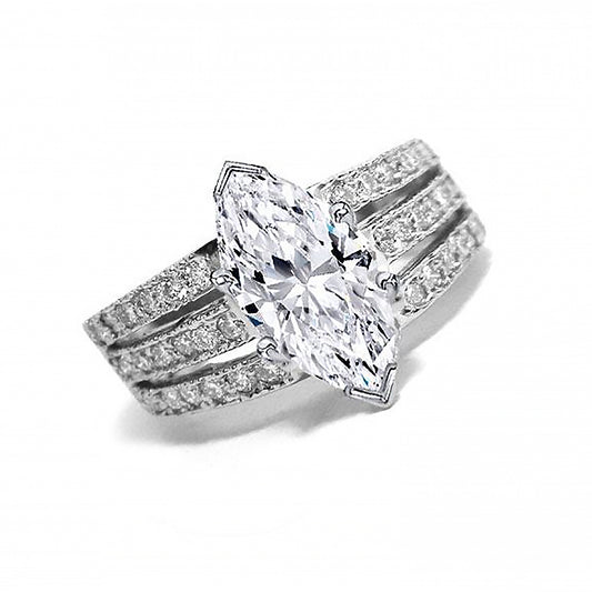 Tri-Row Ring with Marquise Cubic Zirconia in Rhodium Plating