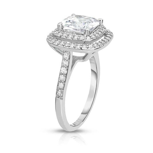Pavé Halo Ring with Cubic Zirconia in Rhodium Plating