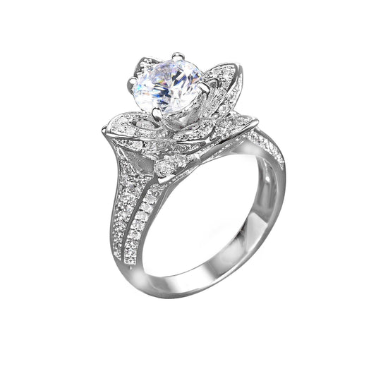 Micropavé Flower Ring with Cubic Zirconia in Rhodium Plating