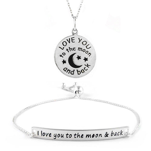 Sterling Silver "I Love You to the Moon and Back" Pendant and Bracelet Set