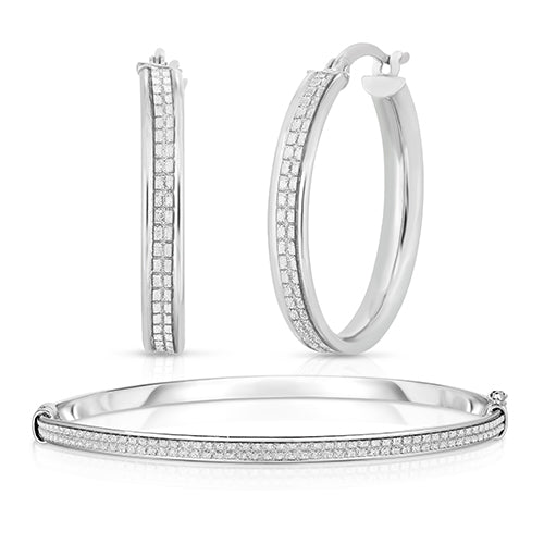 Sterling Silver Crystal Dust Bangle and Hoop Earring Set (Color Options Available)