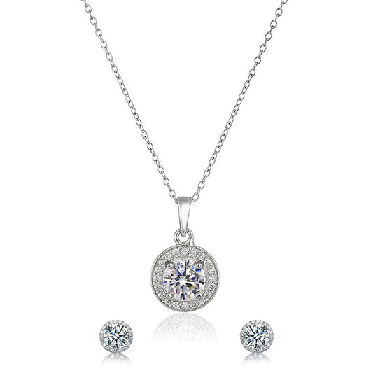 Sterling Silver Halo Round Cut CZ Earring and Pendant Set (Color Options Available)