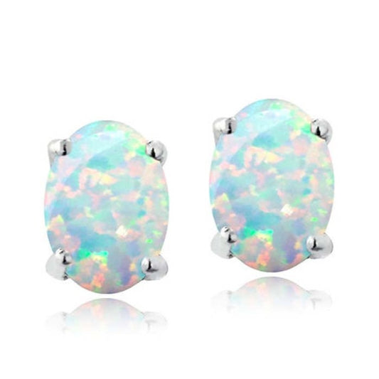 White Ethiopian Opal Oval Cut Stud Earrings in Sterling Silver