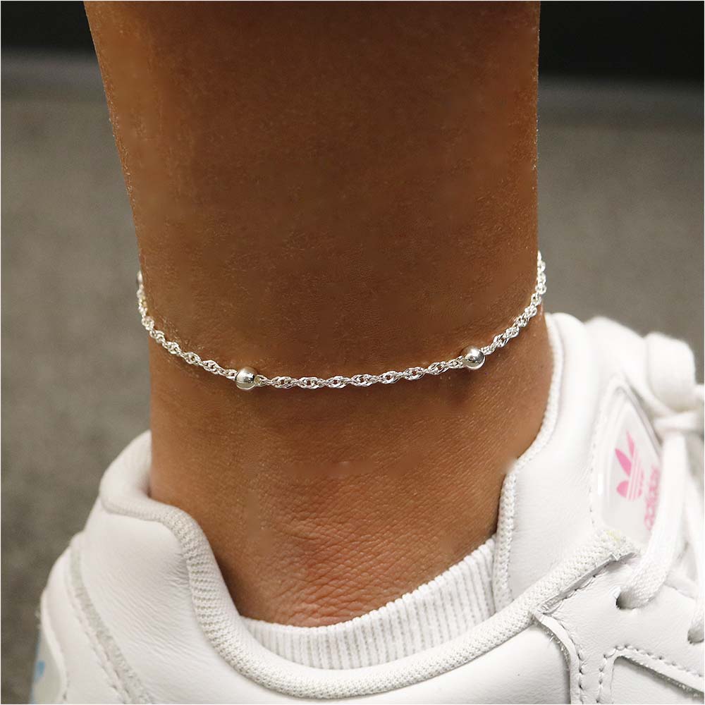 Italian Sterling Silver Beaded Singapore Anklet