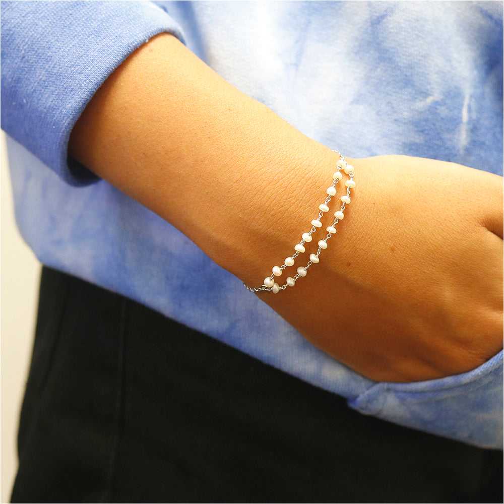 Silver Italian Sterling Silver Adjustable Freshwater Pearl Bead Bracelet On Wrist