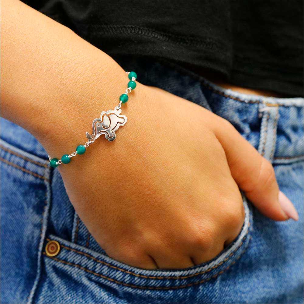 Italian Sterling Silver Adjustable Emerald Crystal Elephant Charm Bracelet