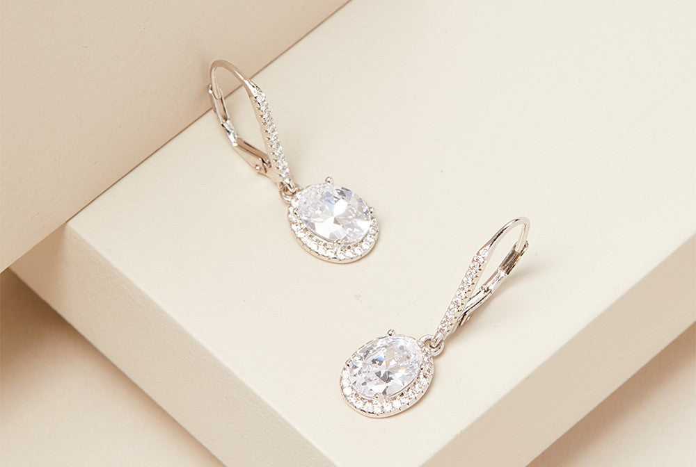 Silver Oval Cut Crystal Halo Leverback Drop Earrings Made With Swarovski Elements