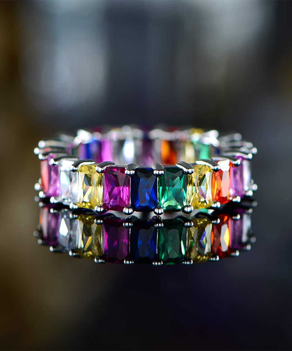 Multi-Color Emerald Cut Crystal Eternity Band Made With Swarovski Elements