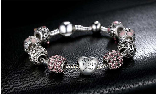 Pink Crystal "LOVE" Heart Charm Bracelet