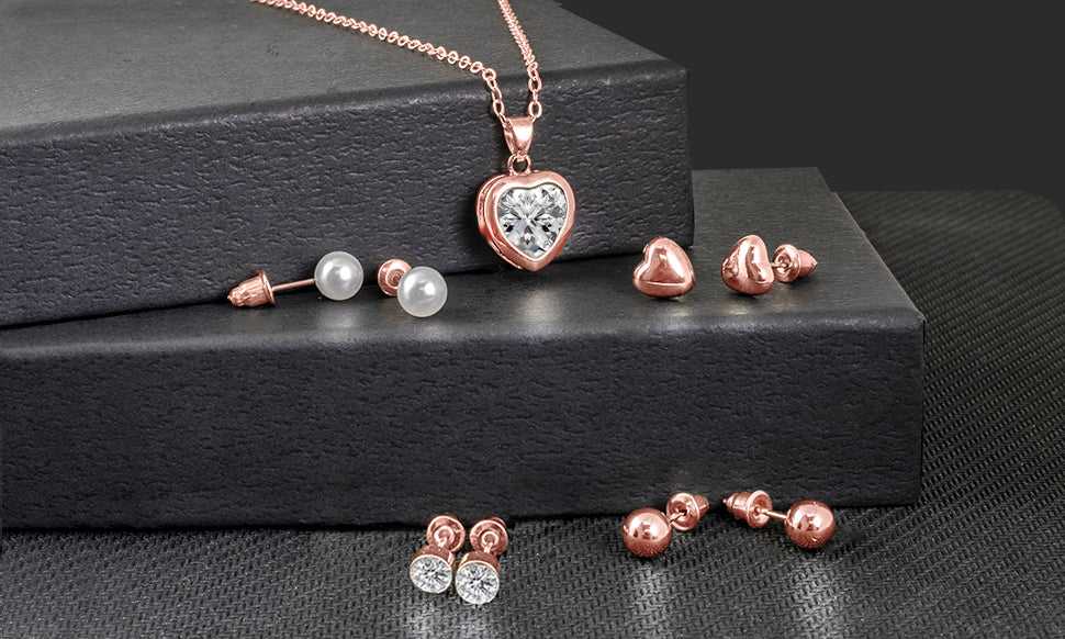 Set of 5 Rose Gold Earrings And Necklace Set